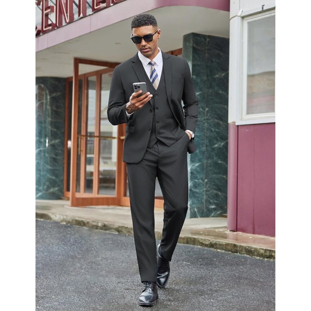 Men's  Dark Grey 3 Pieces Suits Classic Fit 2 Buttons Dress Wedding Business - Picture 3 of 7